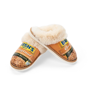 Cozy fur-lined slippers printed with a can of Bush's Original Baked Beans
