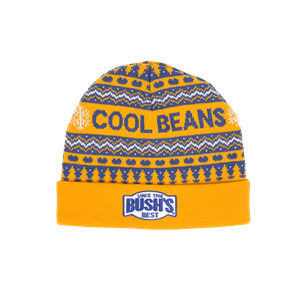Yellow and blue knit beanie in a holiday sweater pattern that says "Cool Beans" and has Bush's logo on the cuff