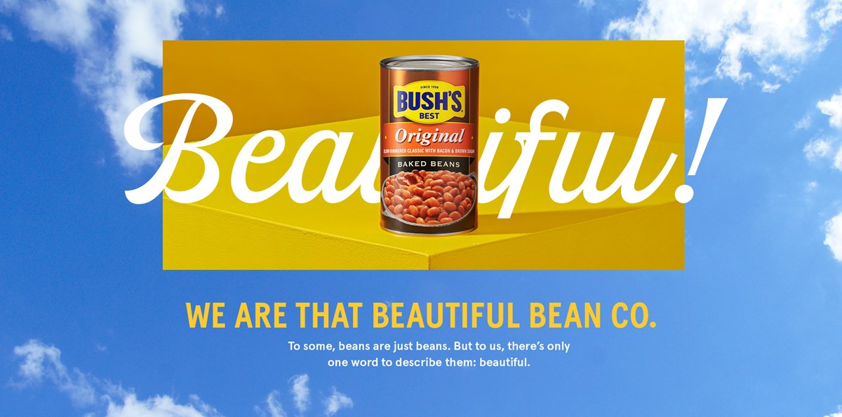 Bush' Original Baked Beans on the word "Beautiful" over a sky background. 